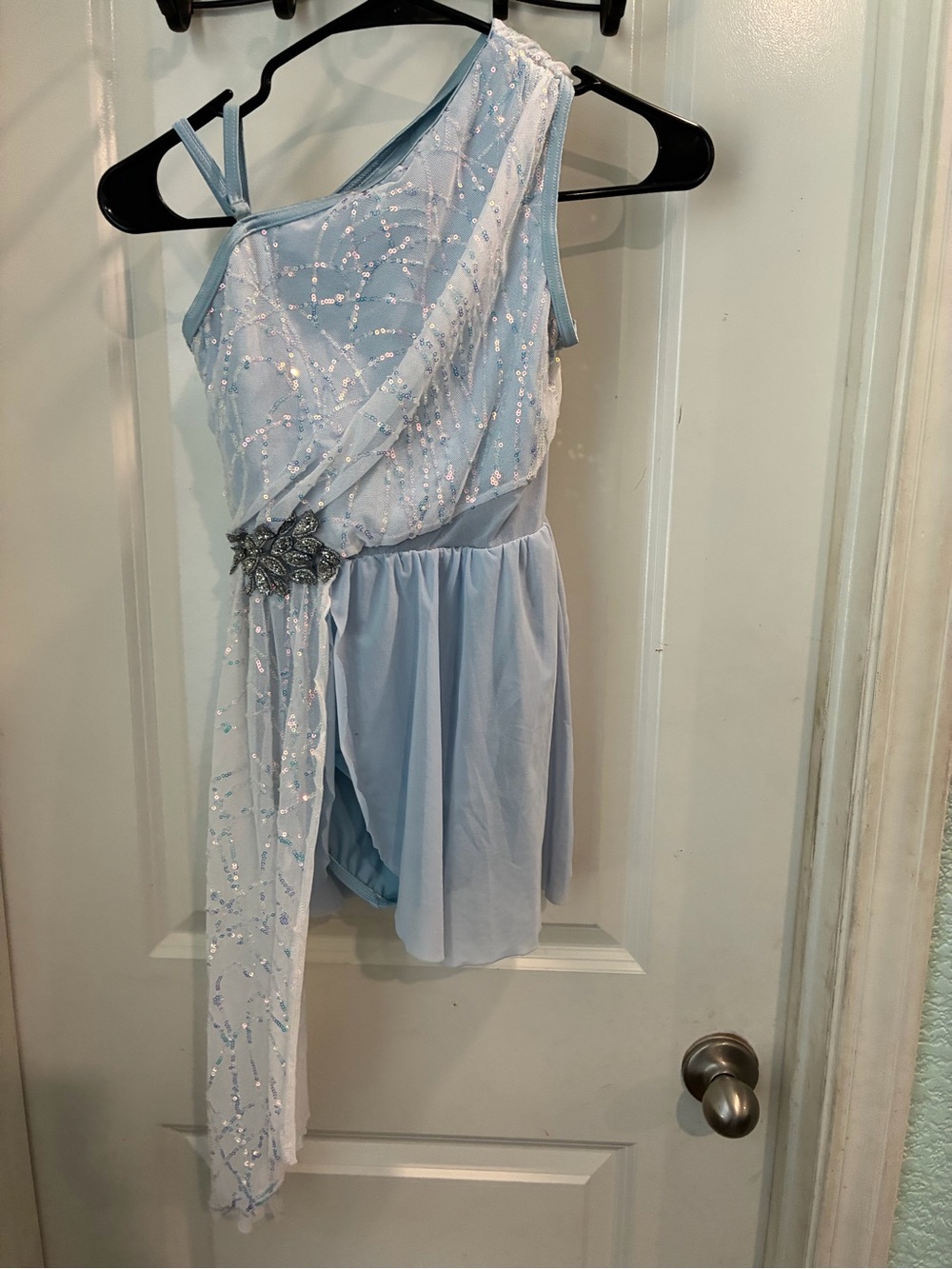 Weissman Light Blue Sequin One-Shoulder Dance Leotard with Draped Sash